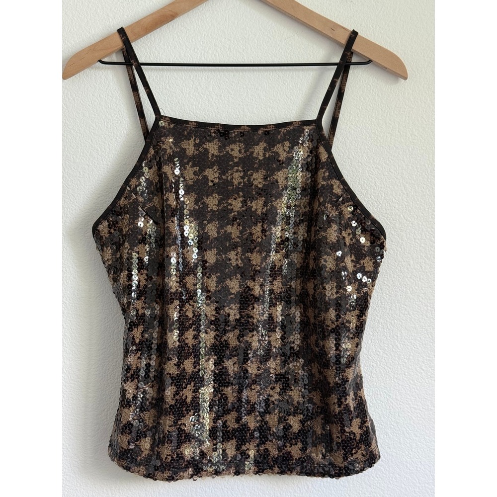 Coquette Aesthetic Sparkly Gold Houndstooth Sequin Camisole Party Tank Top L
